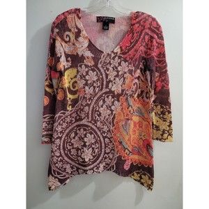 Peck & Peck Multicolor Floral Retro Hippie Y2K Stretch Pull On Sweater Sz Sm EUC